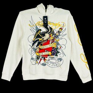 Ed Hardy Men's Ivory Pullover Hooded Sweatshirt Size S Tattoo Eagle Hearts NWT